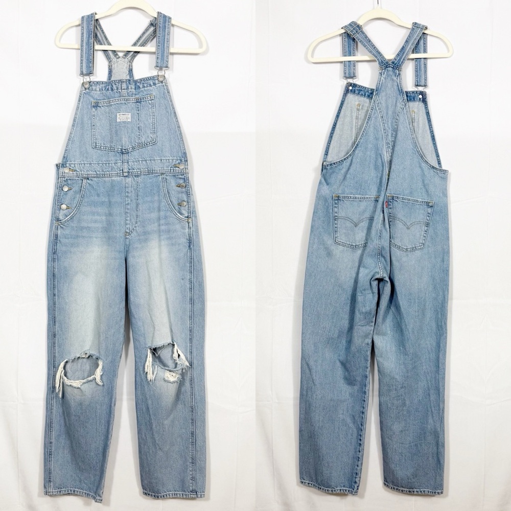 Levi’s Premium Vintage Denim Straight Leg Overalls Bright Light Wash Distressed - Picture 2 of 16
